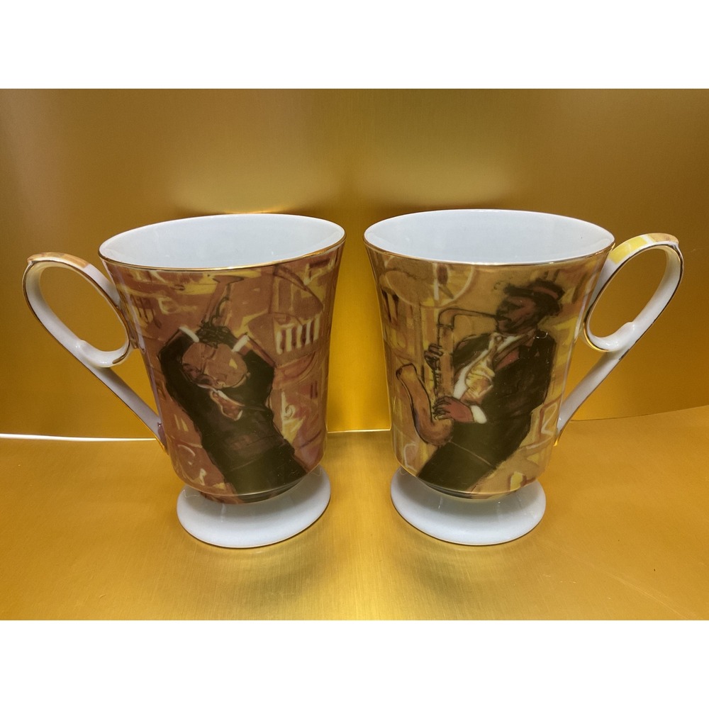 Jay & Sons Jazz Musician Decorative Mugs Set of 2 Saxophone Trumpet Gold Trim